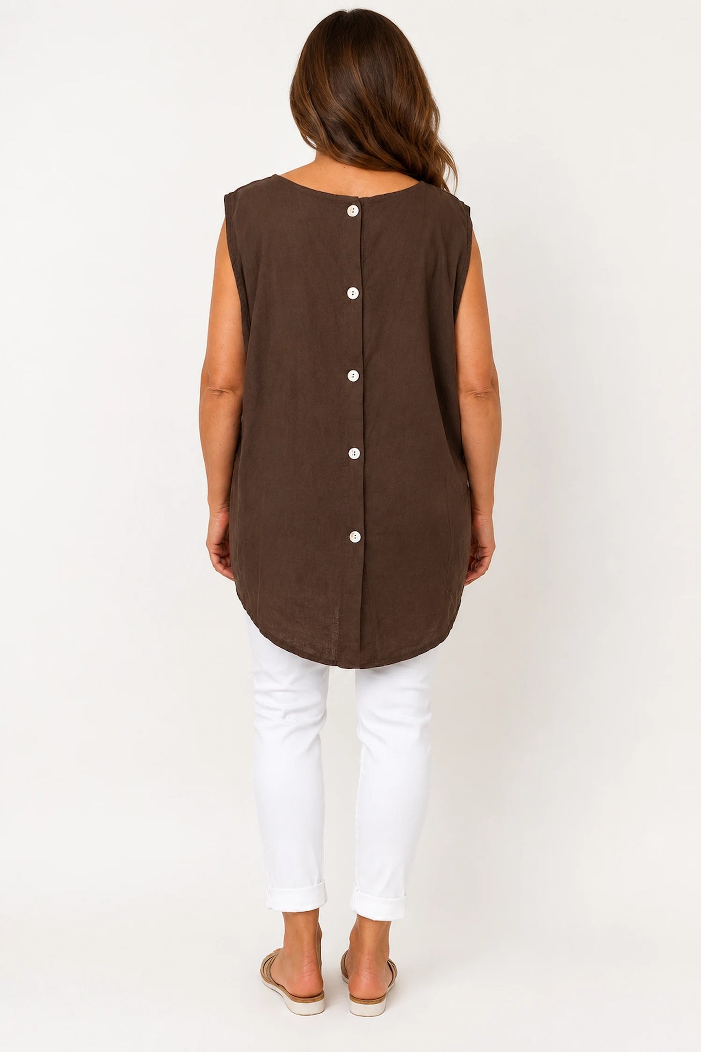 Linen Cotton Mix Button Back Embroidered Crochet Pocket Primrose Vest - Chocolate