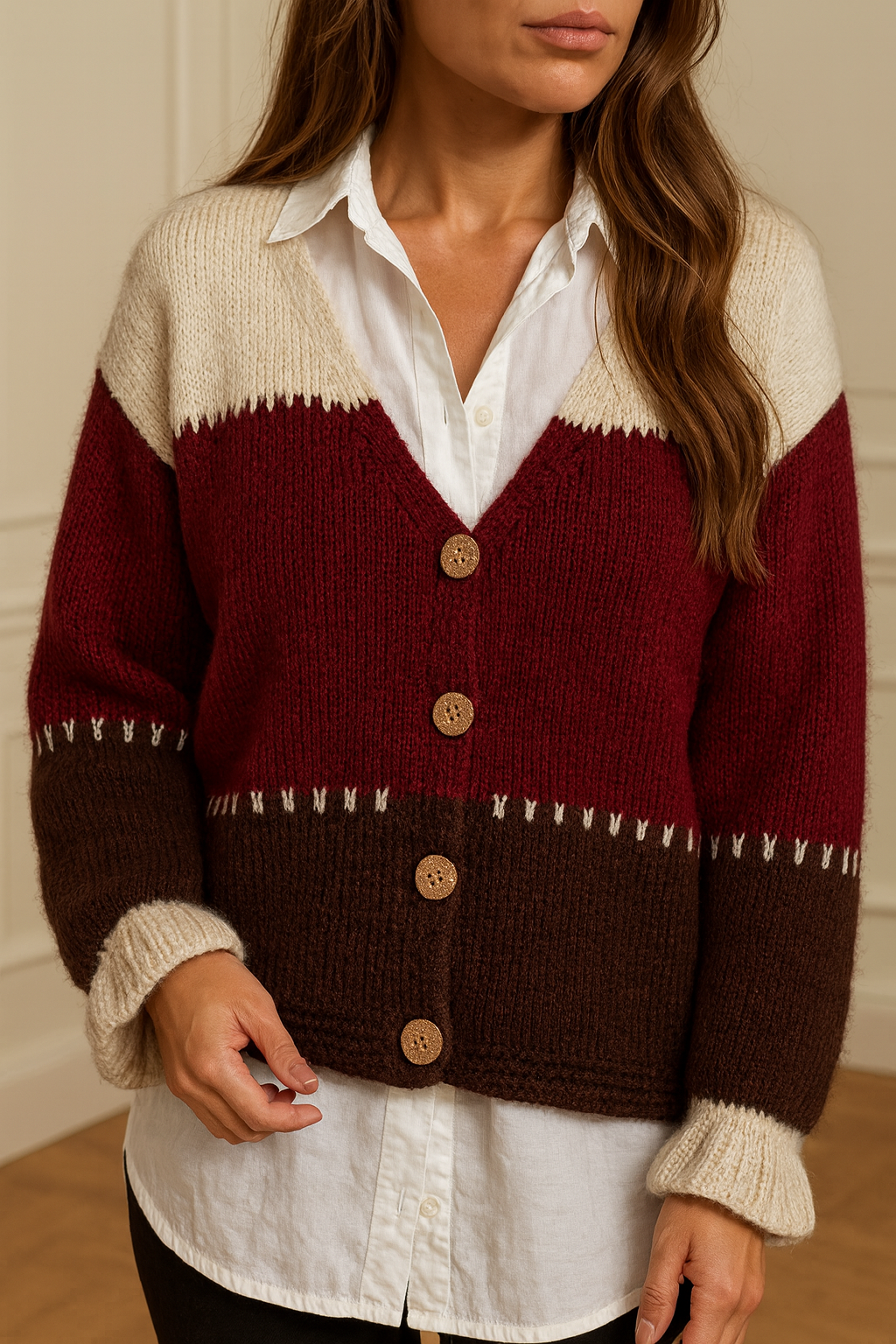 Premium Knit Gold Button Vitala Cardigan - Oatmeal/Wine/Chocolate