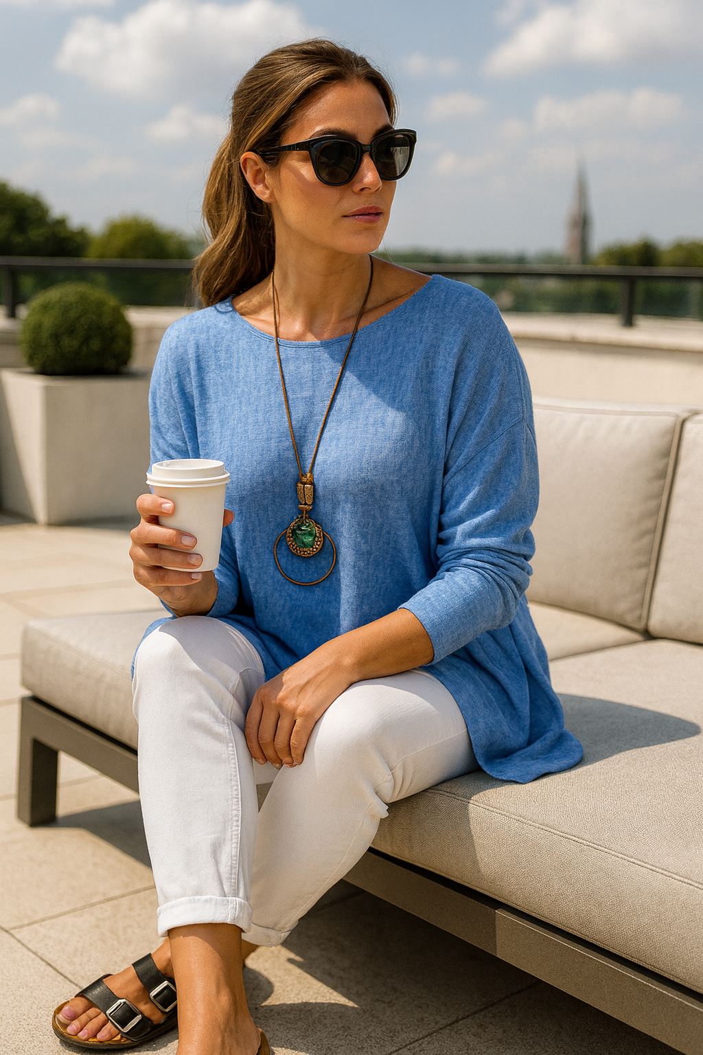 Wool Mix Freya Necklace Top - Fleck Denim