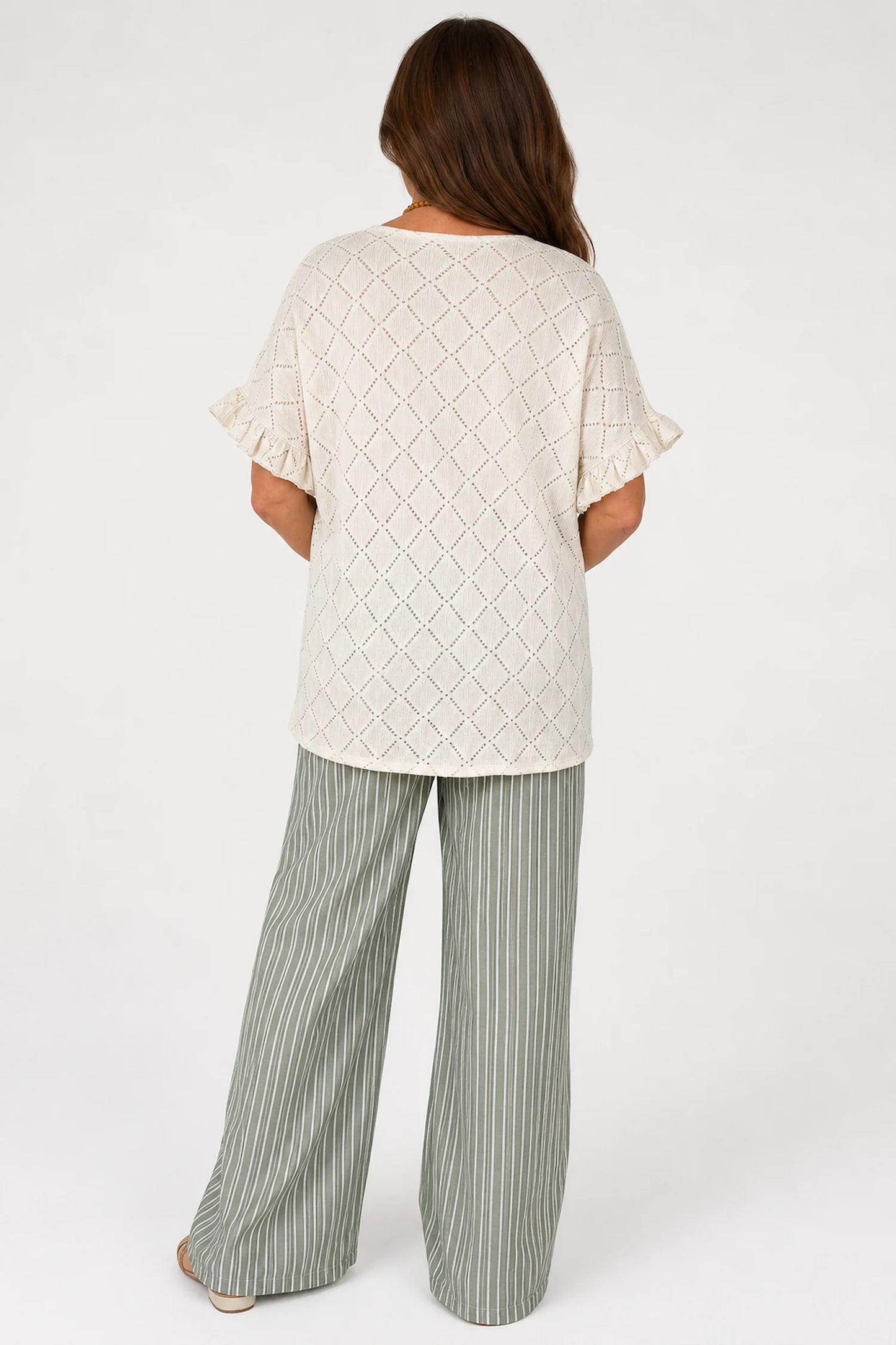 Lightly Textured Frill Sleeve Giana Necklace Top - Beige