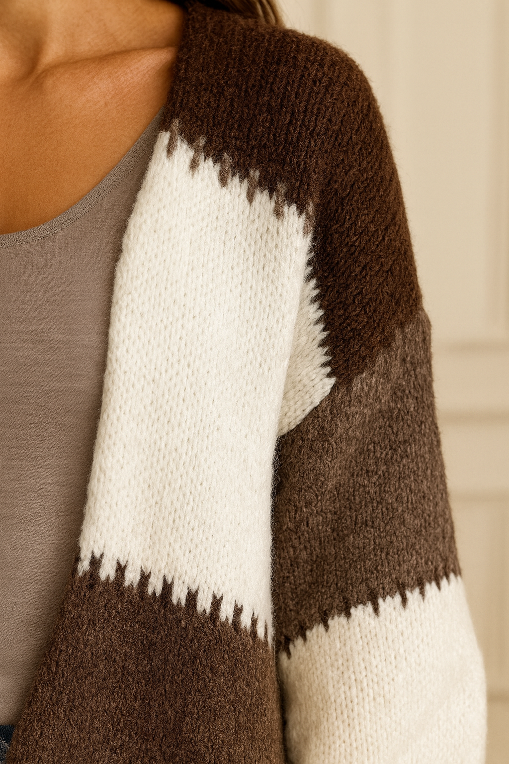 Wool Mix Premium Knit Roxy Cardigan - Chocolate/Beige/Mocha