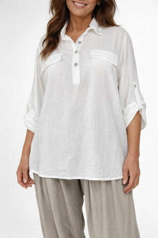 Softly Textured Button Sleeve Flap Detail Lunara Shirt - White