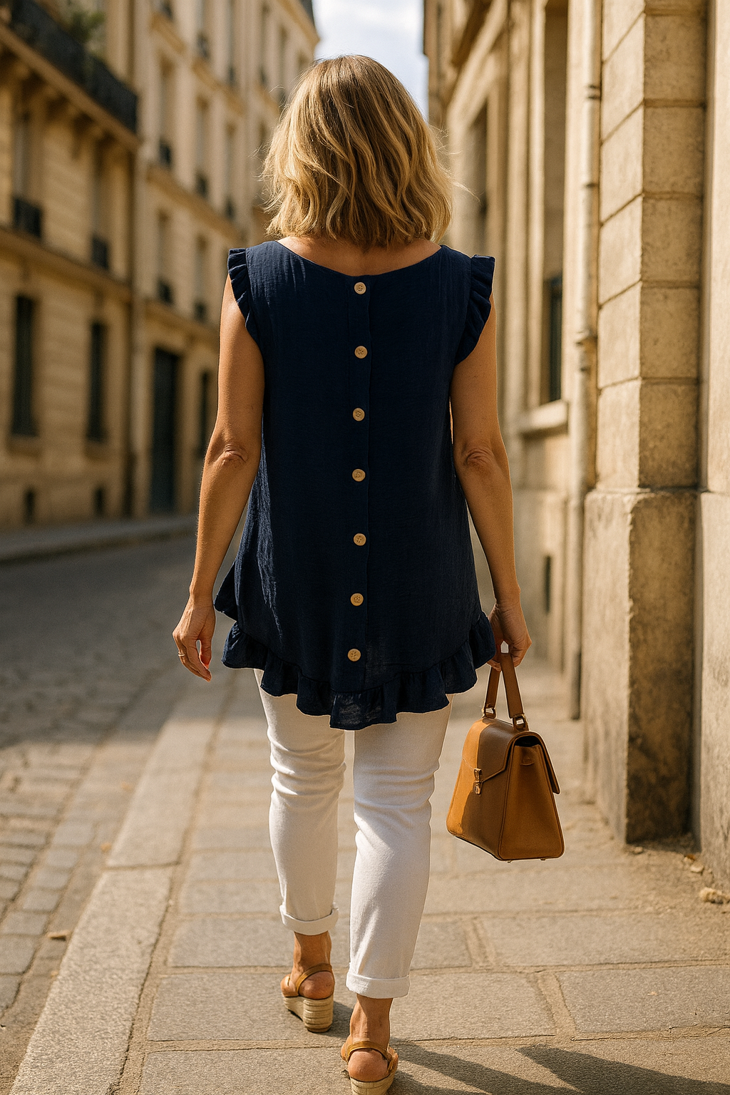 Button Back Frill Detail Ella Top - Navy