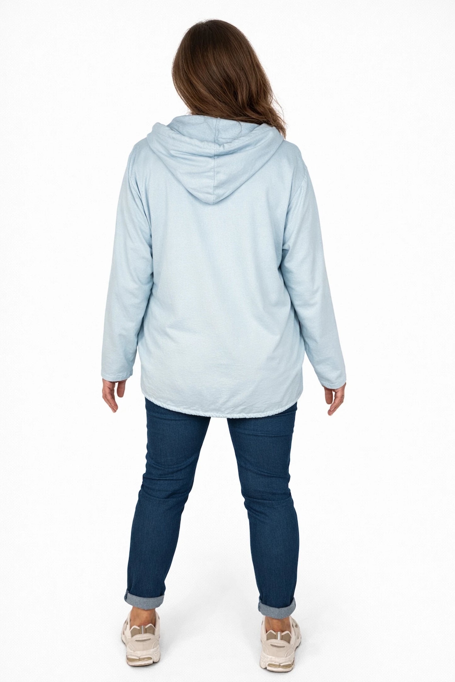 Cotton Sequin Floral Embroidery Double Pocket Zipped Siena Drawstring Hem Hoodie - Baby Blue