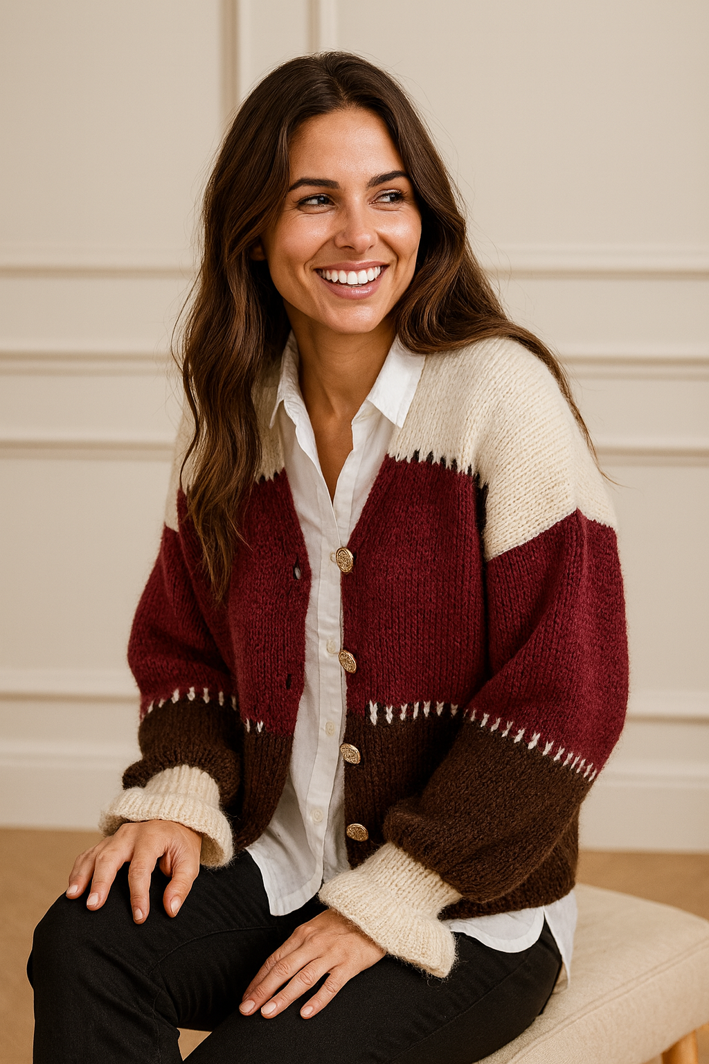 Premium Knit Gold Button Vitala Cardigan - Oatmeal/Wine/Chocolate