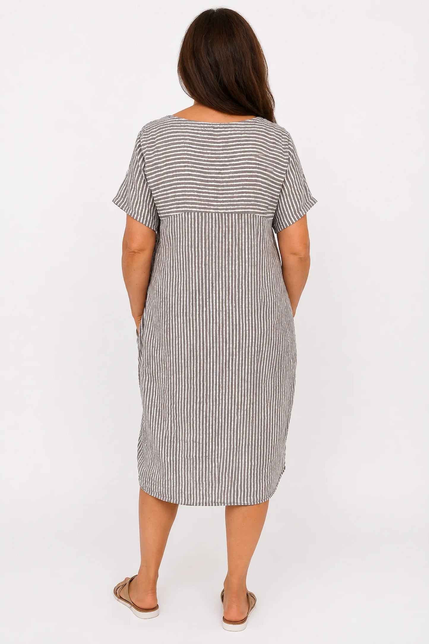 Pure Cotton Double Pocket Khiara Pinstripe Dress - Mocha