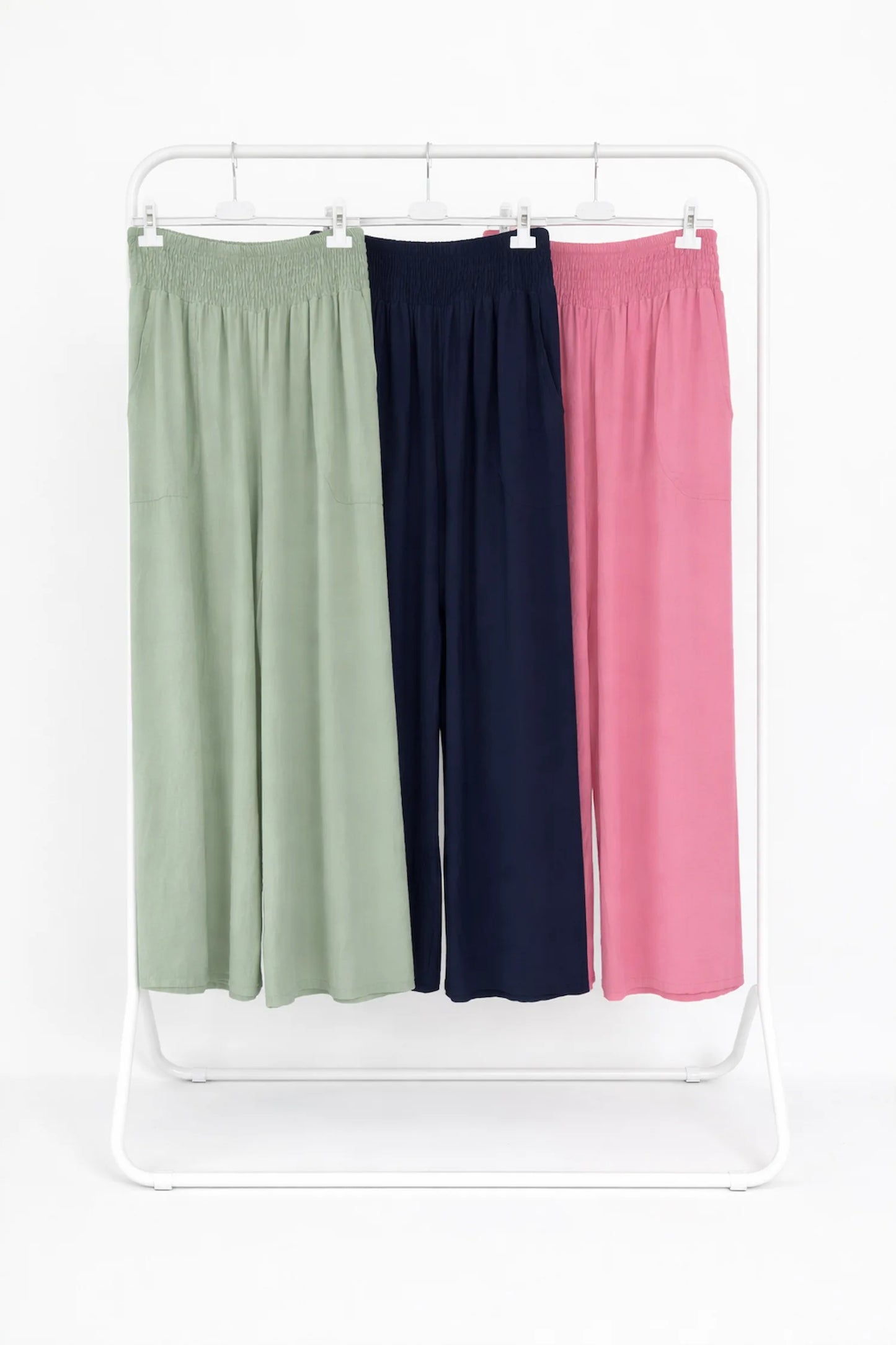 Elasticated Smocked Waist Patch Pocket Milan Wide Leg Pants - Navy