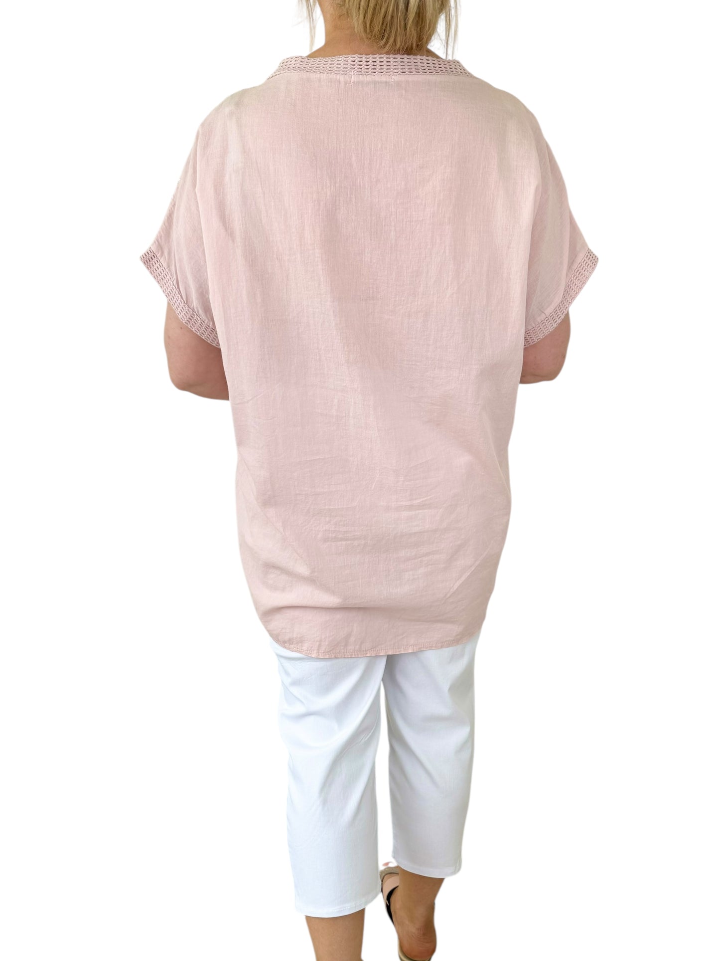 Pure Cotton Crochet Detail Gold Sequin Pocket Andriana Top - Baby Pink