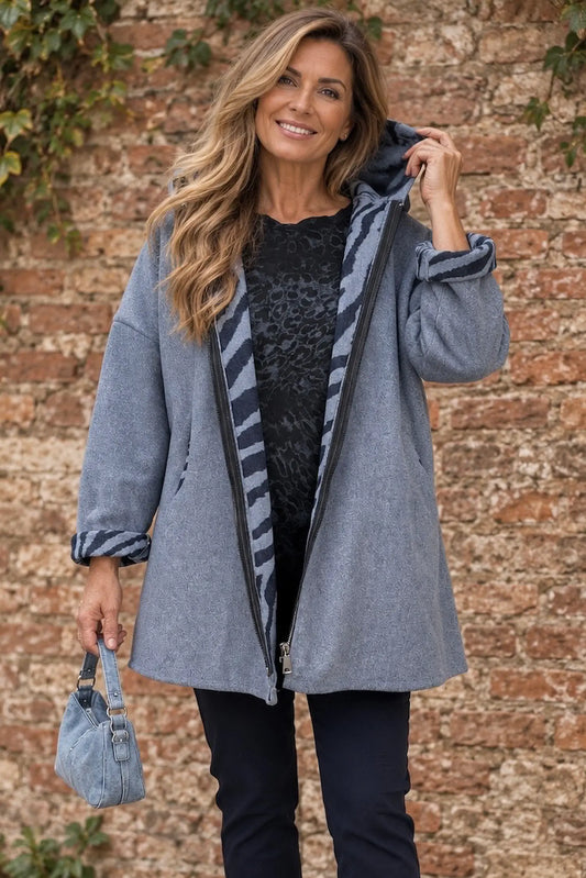 Double Pocket Zipped Contrast Animal Print Lined Valentina Brushed Hooded Coat - Denim
