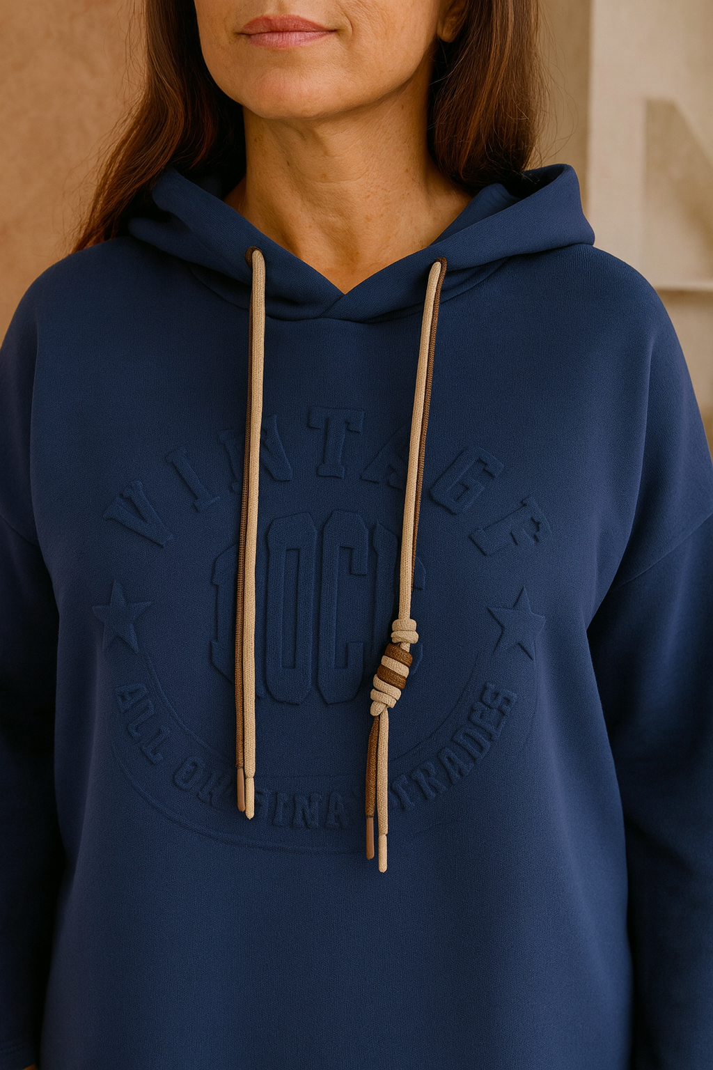 Vintage Embossed Double Drawstring Lightweight Hoodie - Navy