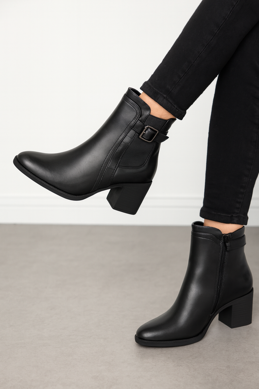 Mid Heel Faux Leather Irina Zipped Boot - Black