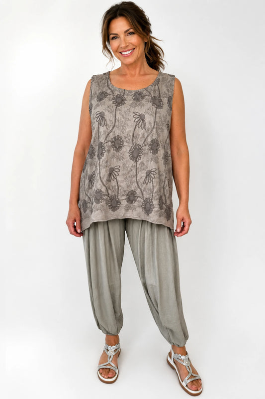 Embroidery Anglaise Floral Golden Sequin Tuscany Vest - Mocha