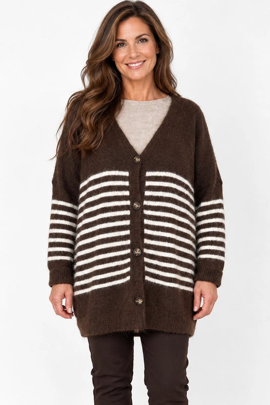 Wool Mix Perla Stripe Button Cardigan - Chocolate