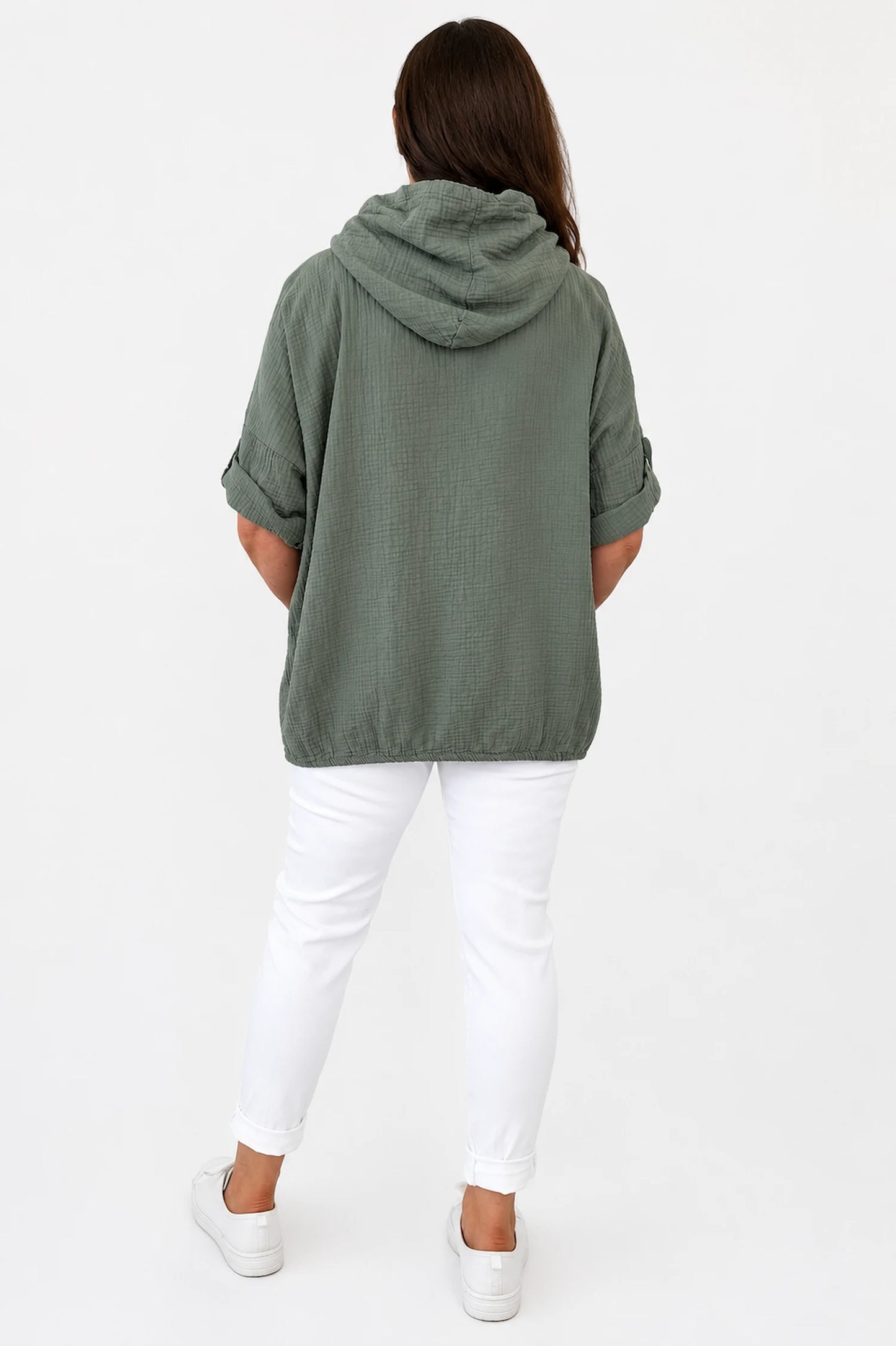 Pure Bubble Cotton Button Sleeve Badge Detail Pocketed Zara Hoodie - Khaki