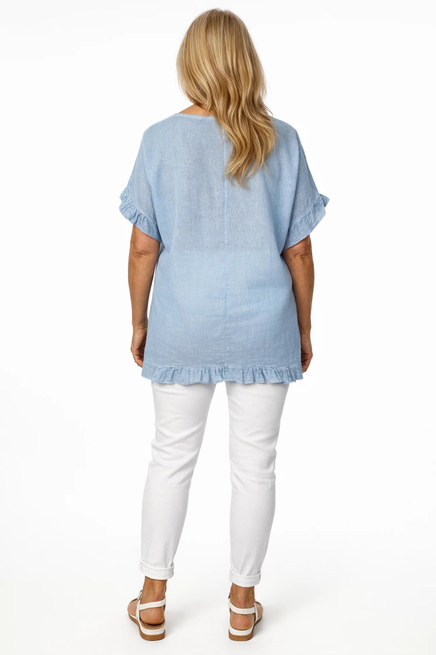 Linen Cotton Mix Frill Sleeve And Hem Iris Necklace Top - Washed Light Denim