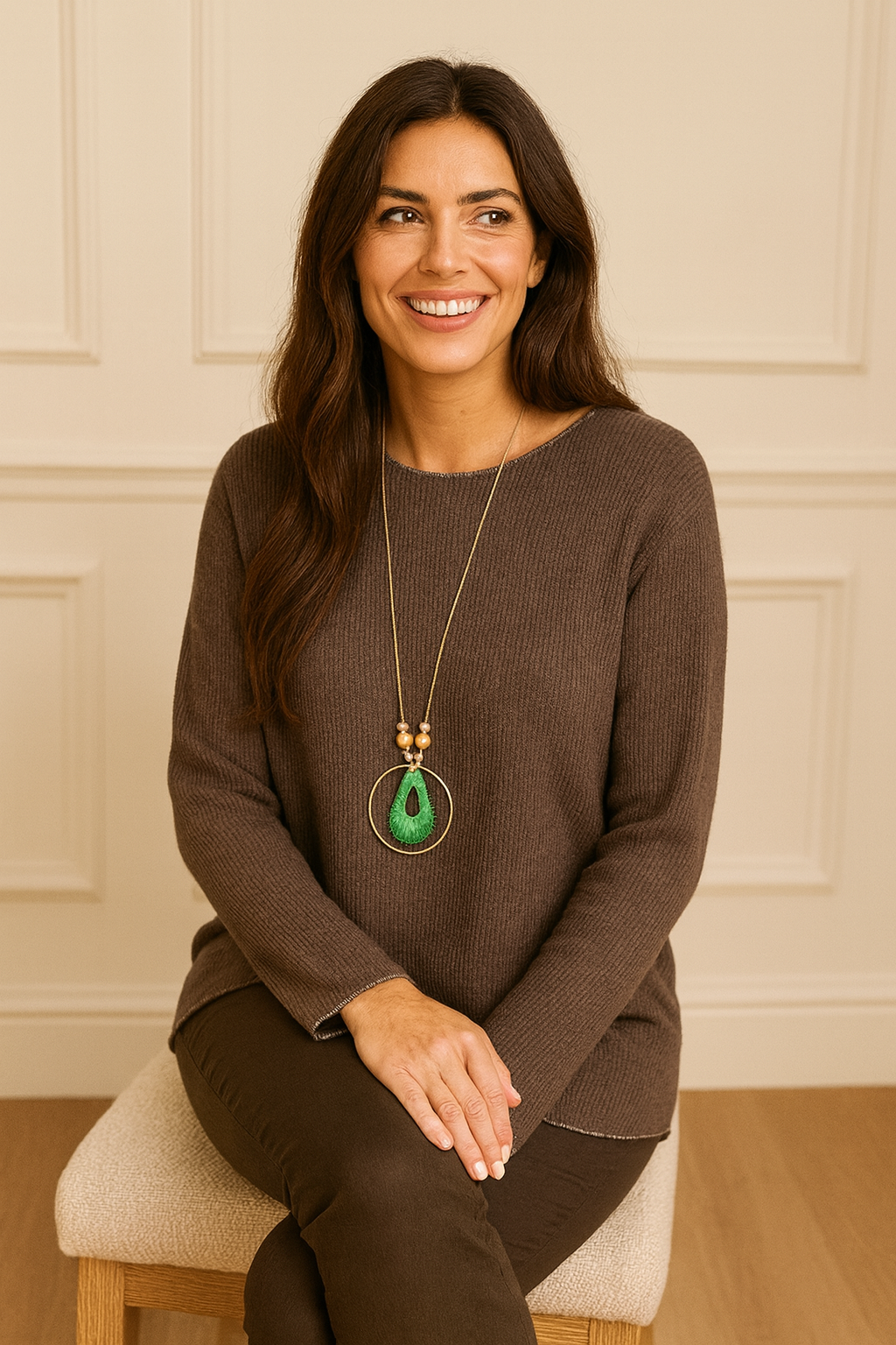 Ribbed Knit Silver Lining Veronica Necklace Top - Chocolate