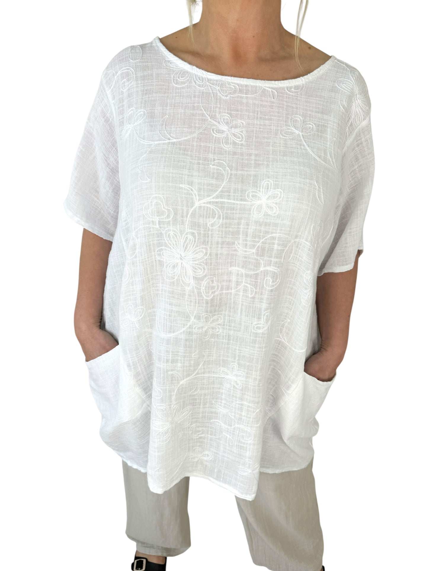 Pure Cotton Embroidery Anglaise Double Pocket Sofia Top - White