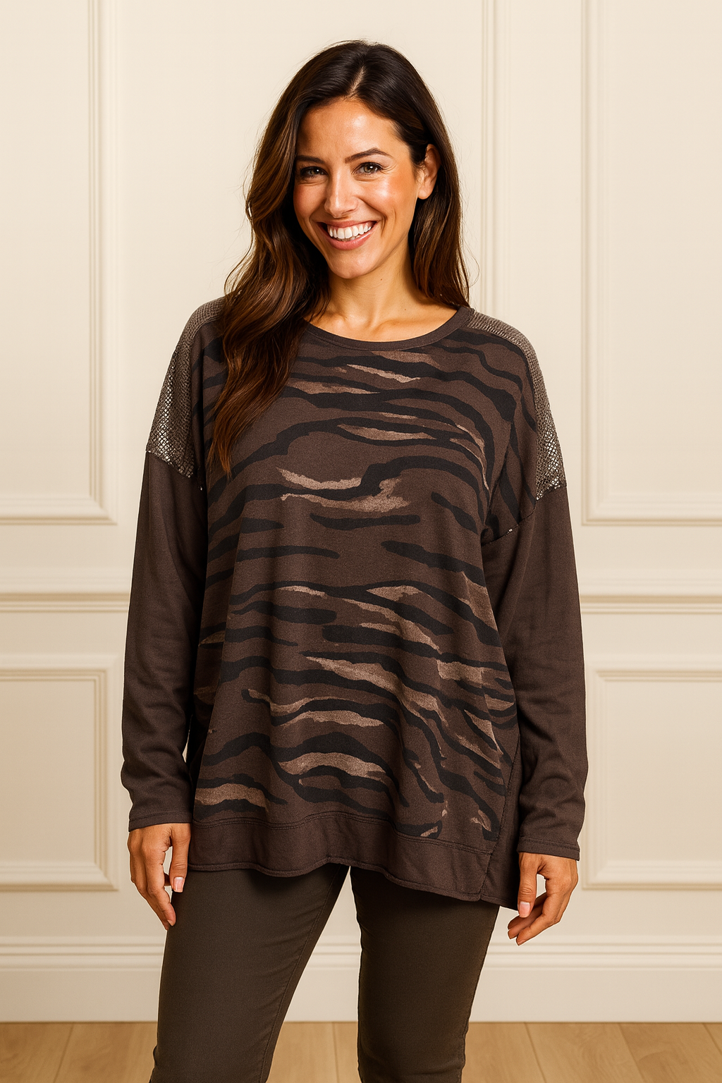 Cotton Sequin Shoulder Amari Top - Chocolate