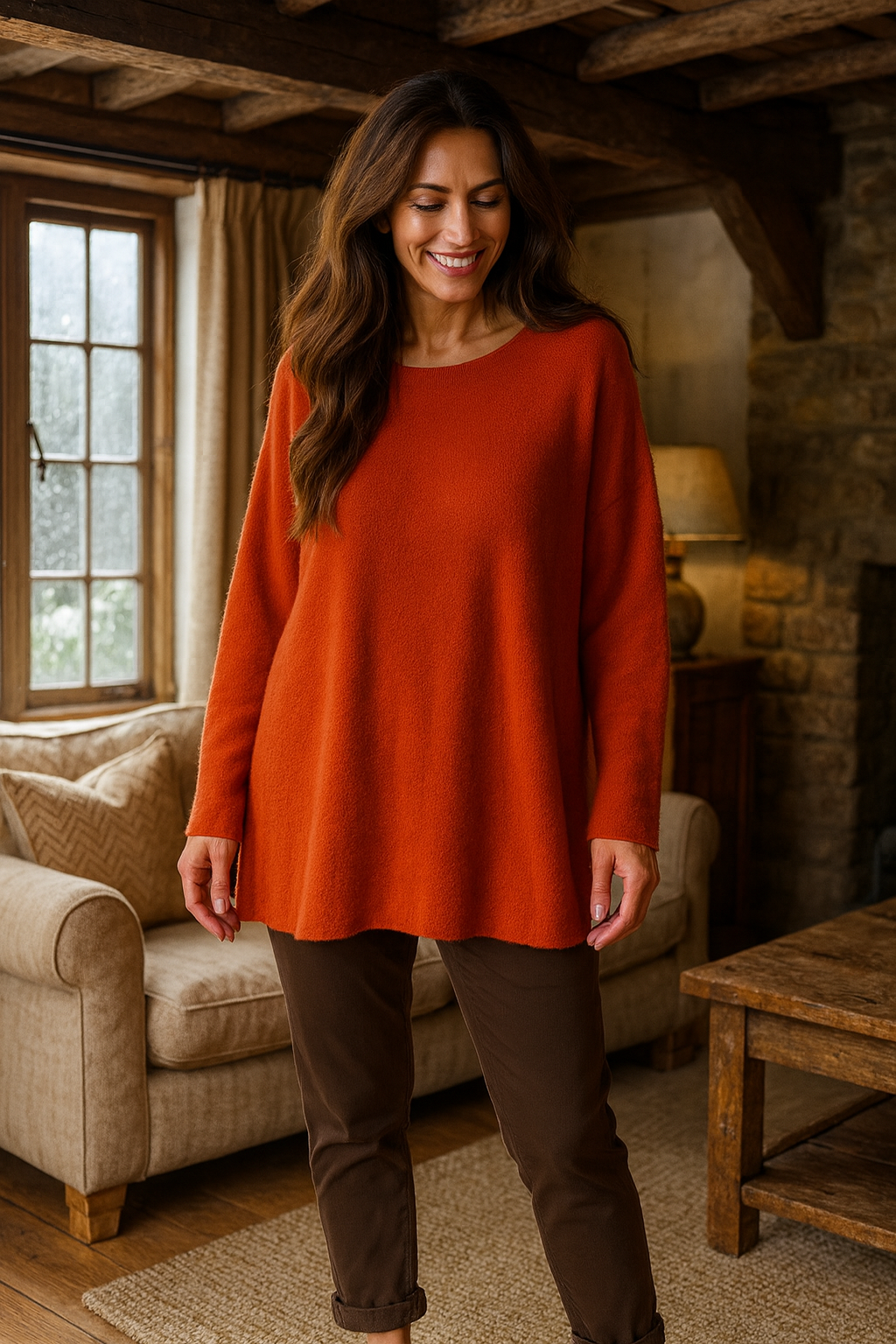 Pure Cotton Allegra Fine Knit Seam Sleeve Detail Jumper - Sunset Orange