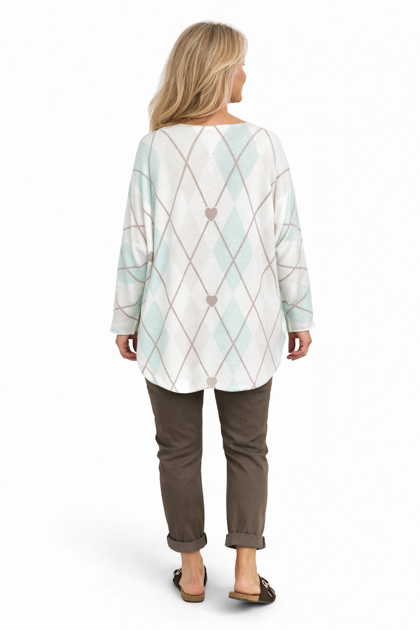 Premium Spring Knit Argyle Heart Florentina Seam Sleeve Top - Mint/Beige
