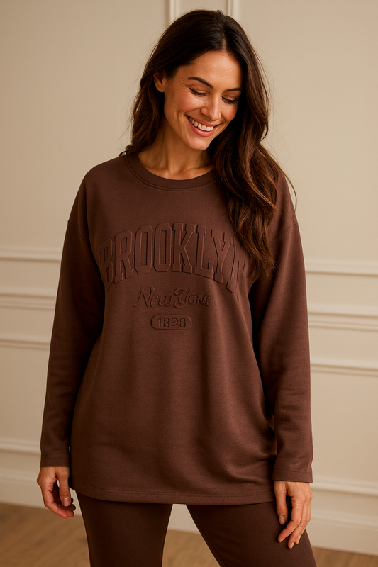 Brooklyn Embossed Light Weight Sweatshirt - Chocolate