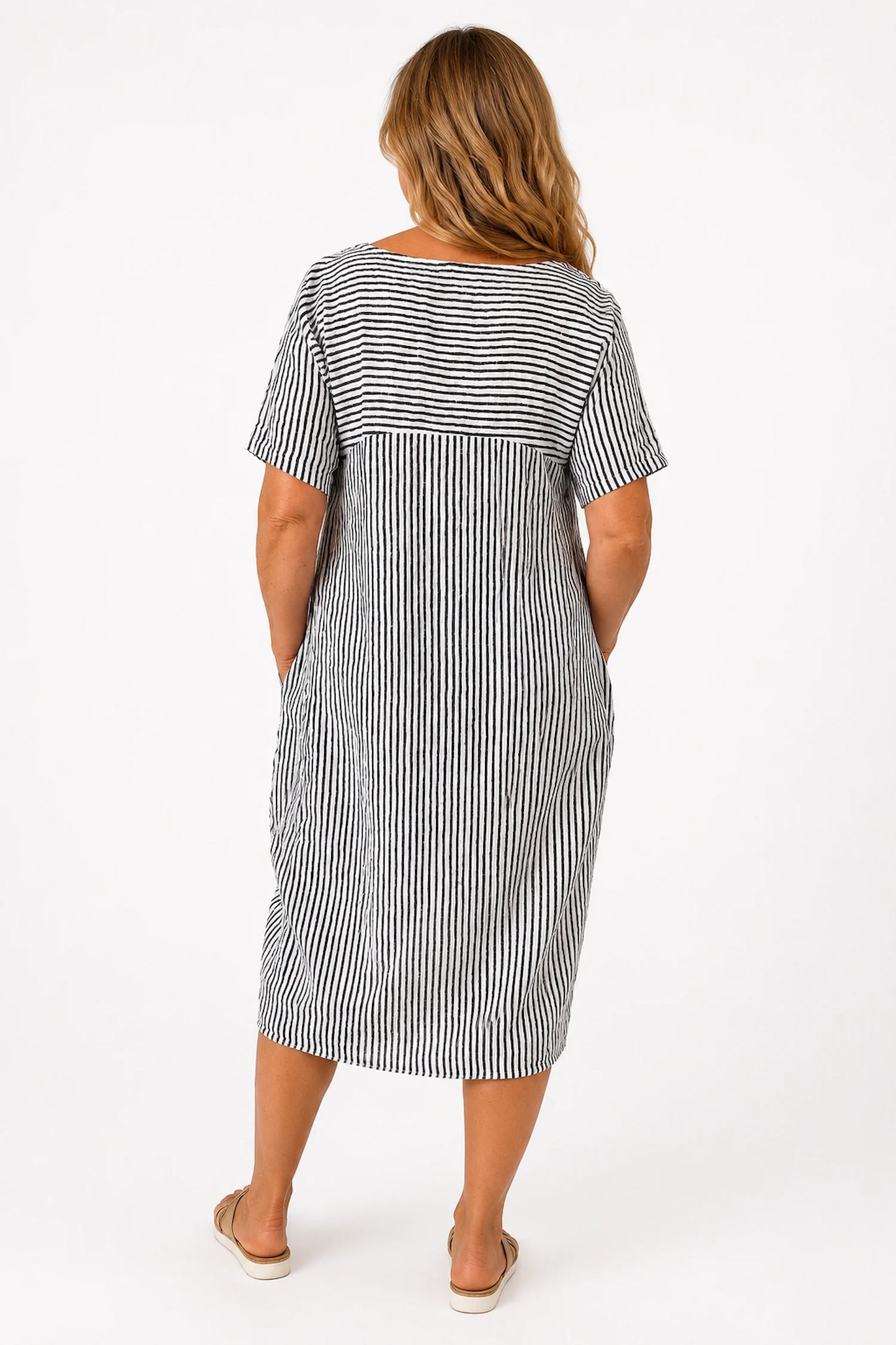 Pure Cotton Double Pocket Khiara Pinstripe Dress - White
