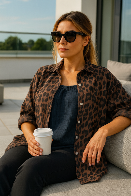 Premium Stitch Button Sleeve Lexi Leopard Print Shirt - Chocolate