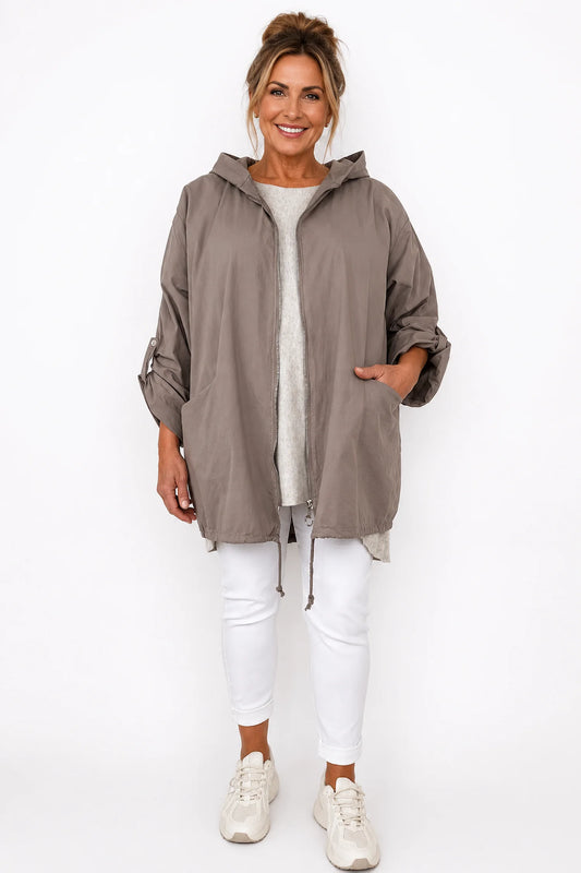 Button Sleeve Double Pocket Drawstring Hem Zipped Emila Hooded Jacket - Mocha