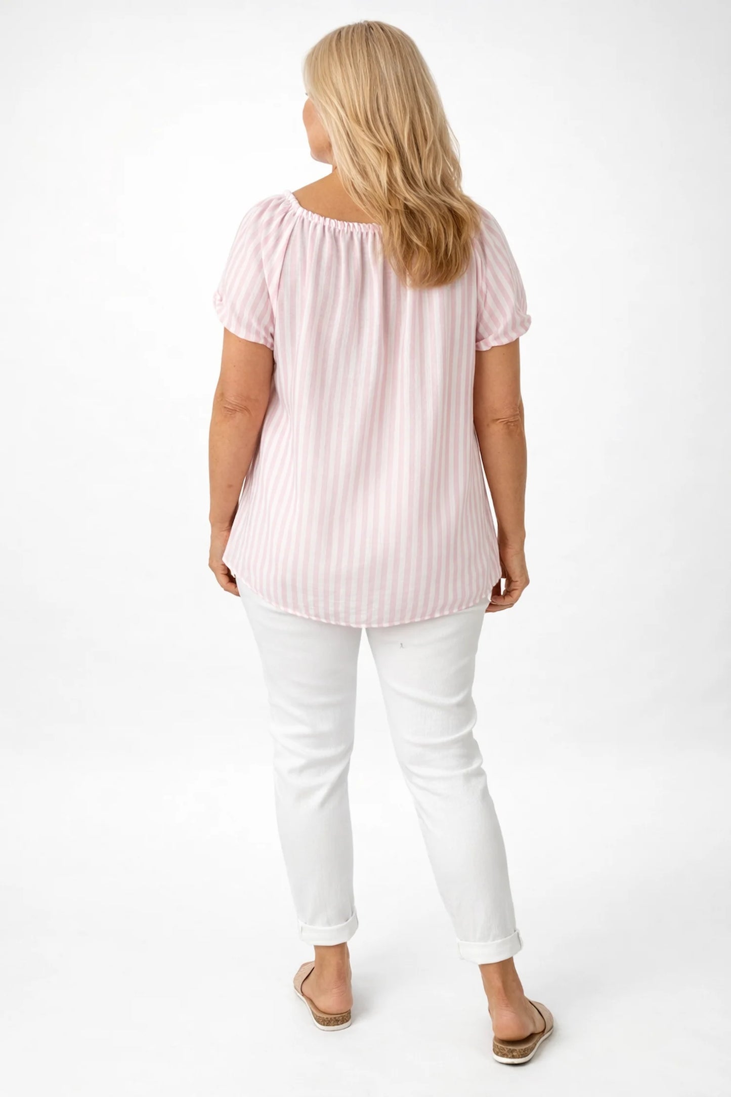 Candy Stripe Cotton Mix Elasticated Sleeve and Neckline Roxy Top - Baby Pink