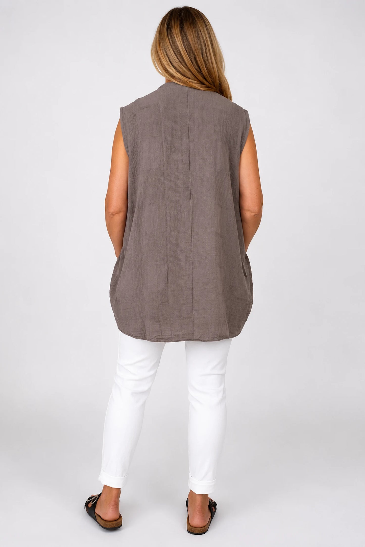 Pure Cotton Mesh Detail Rosetta Pocket Cap Sleeve Top - Mocha