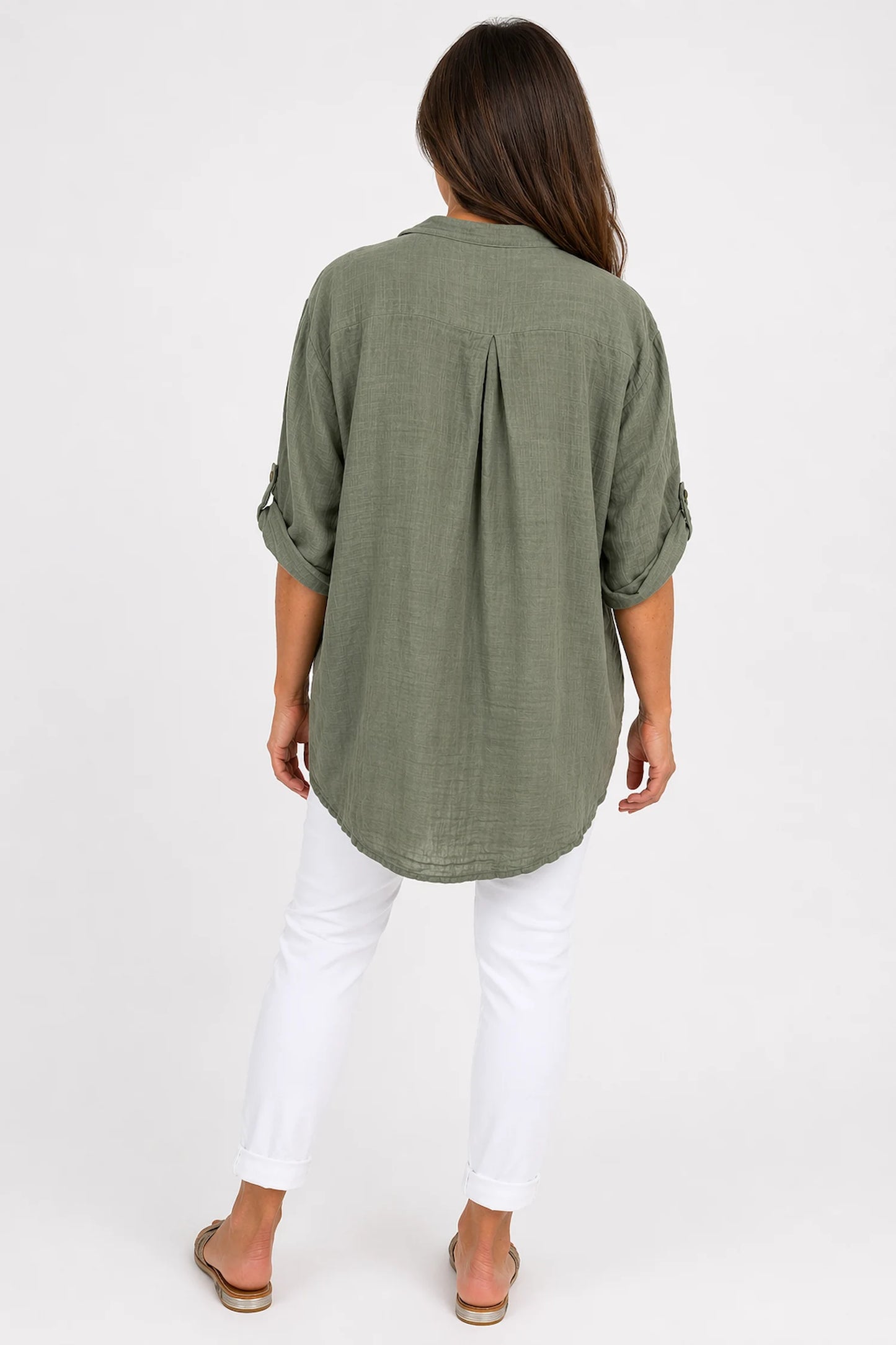 Linen Look Pure Cotton Pocket Detail Button Sleeve Calilla Button Shirt - Khaki