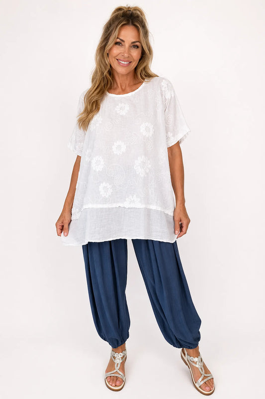 Pure Cotton Embroidered Floral Detail Positano Top - White