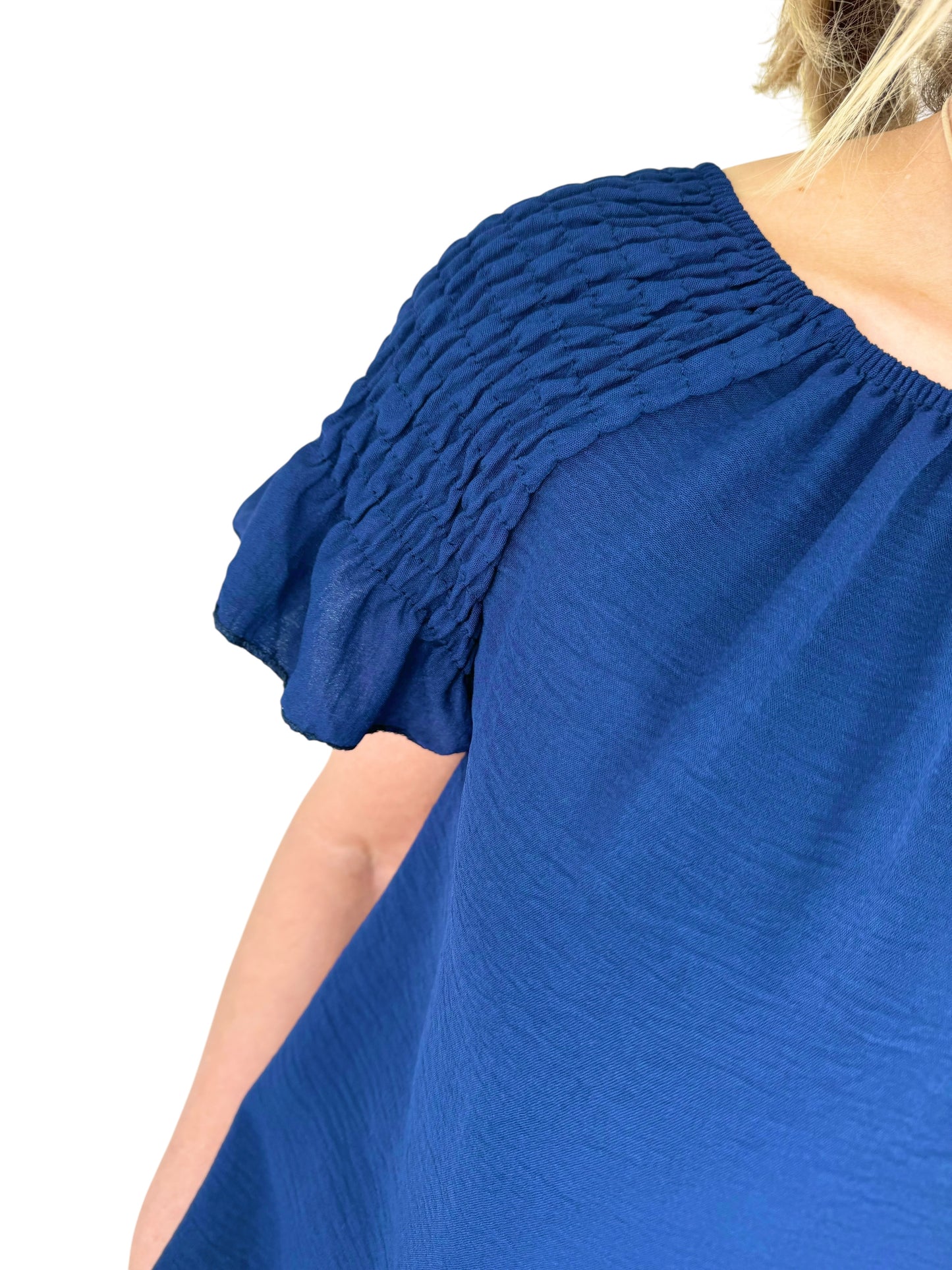 Shirred Shoulder Frill Sleeve Angelica Necklace Top - Navy