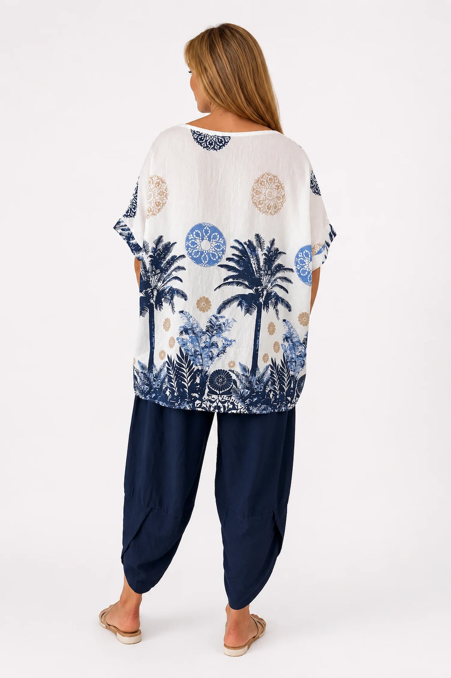Embroidered Floral Crochet Sleeve Palm Top - Ocean Waves