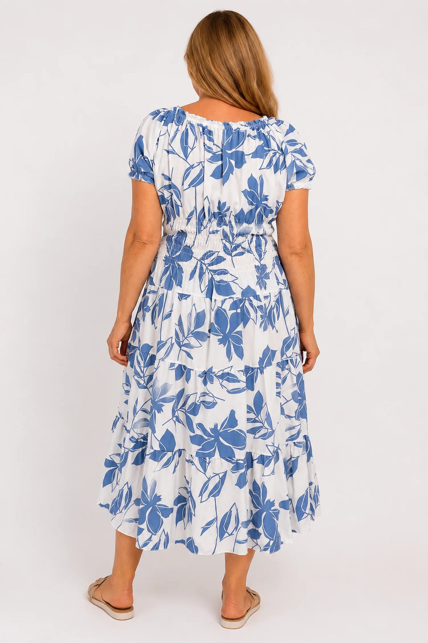 Button Detail Elasticated Waist Panel Floral Endless Summer Dress - Denim