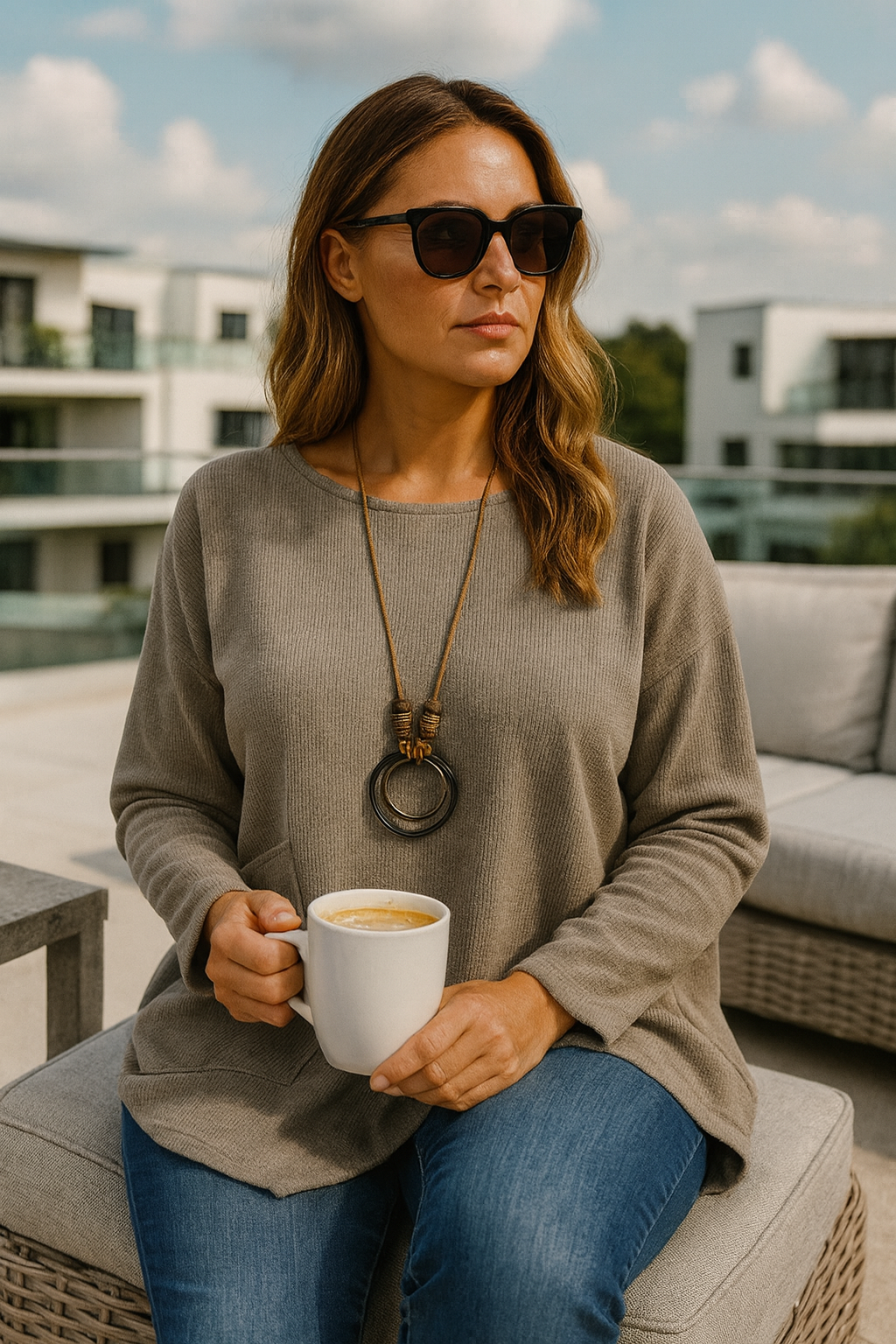 Chenille Paris Pocket Detail Necklace Top - Mocha