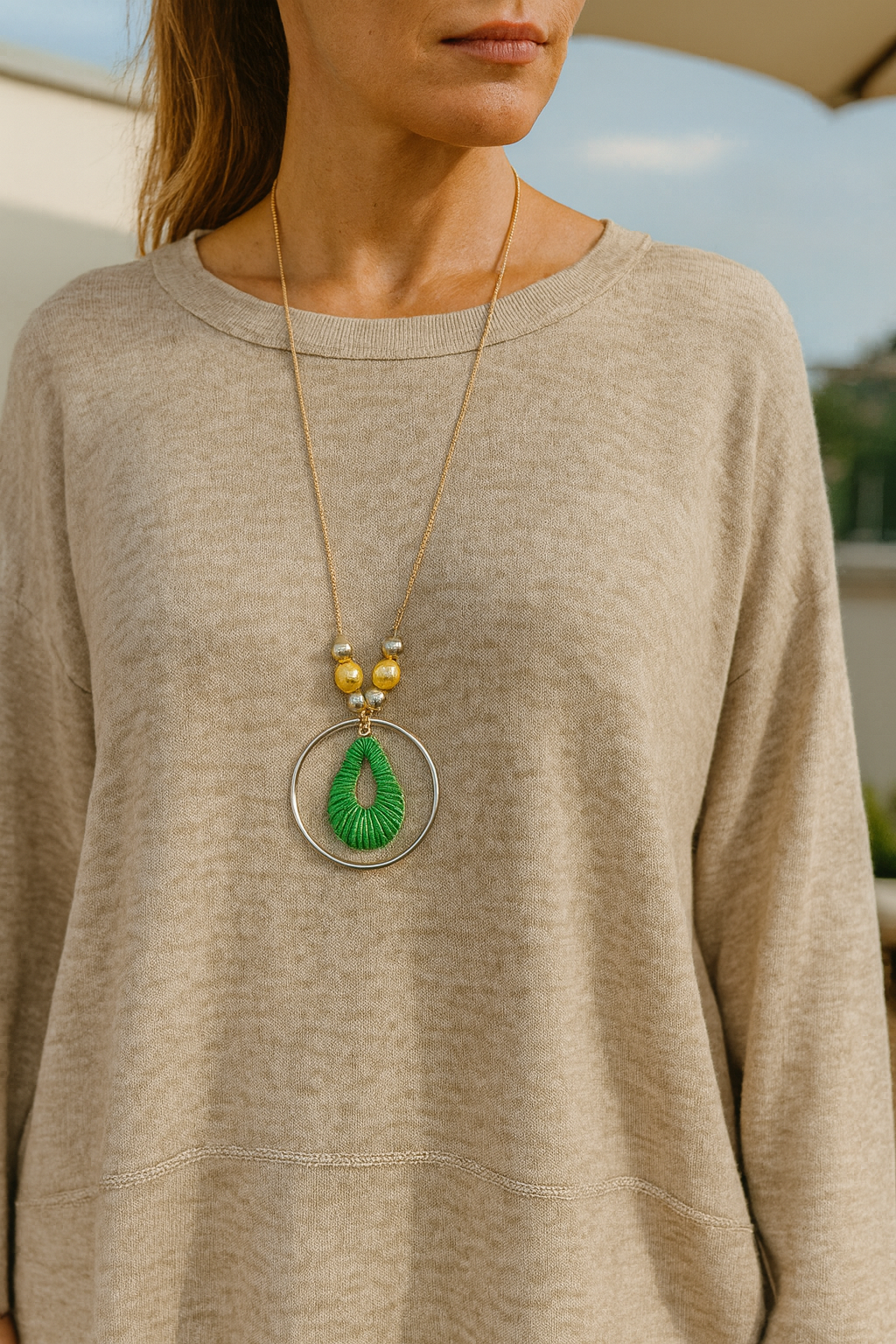 Soft Knit Silver Line Diana Necklace Top - Oatmeal