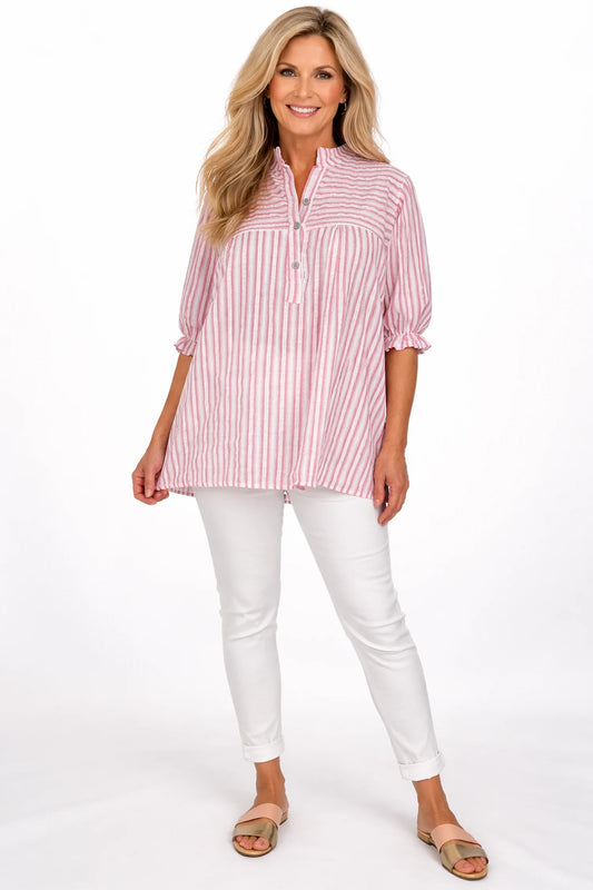 Pure Cotton Stripe Elasticated Cuff Riviera Button Shirt - Coral Pink