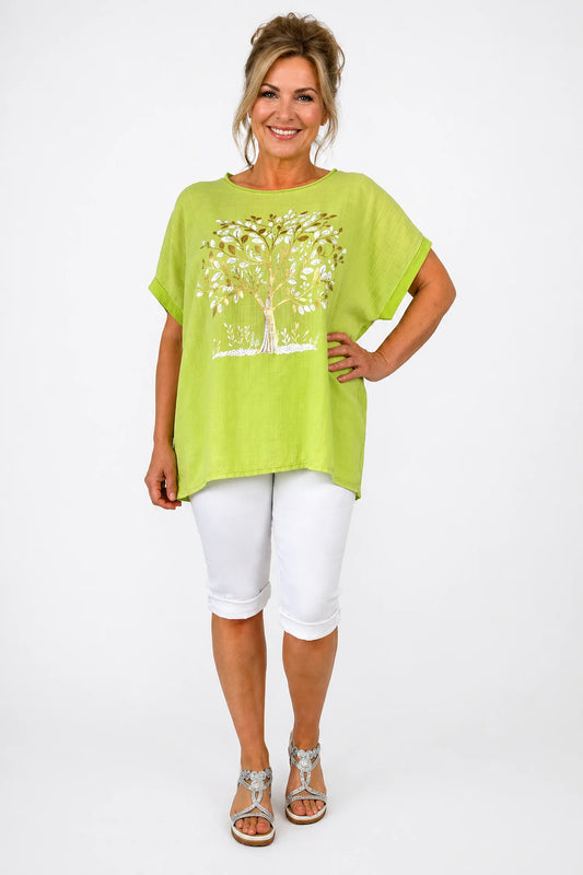 Linen Cotton Mix Diamanté Golden Leaf Carletta Top - Citrus Lime