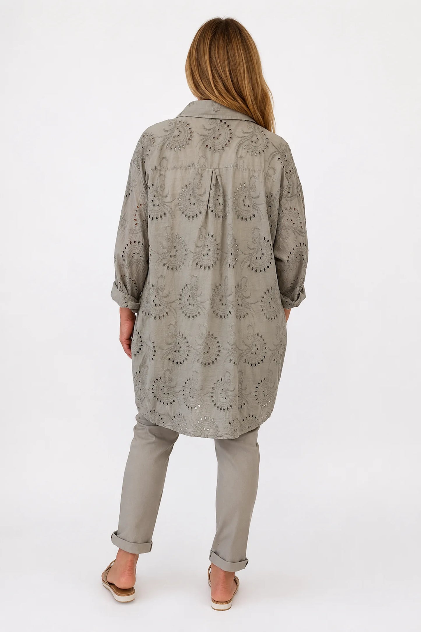 Pure Cotton Embroidery Anglaise Monica Button Shirt - Mocha