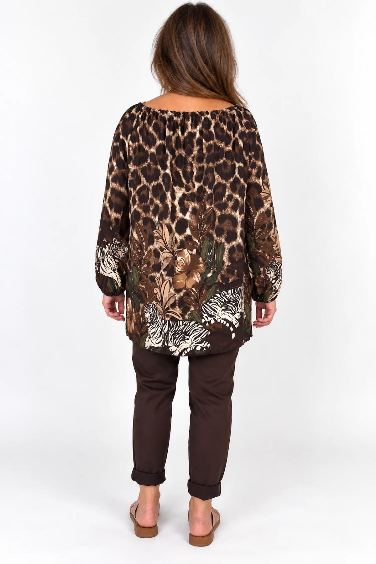 Gold Tie Detail Verity Leopard Top - Chocolate