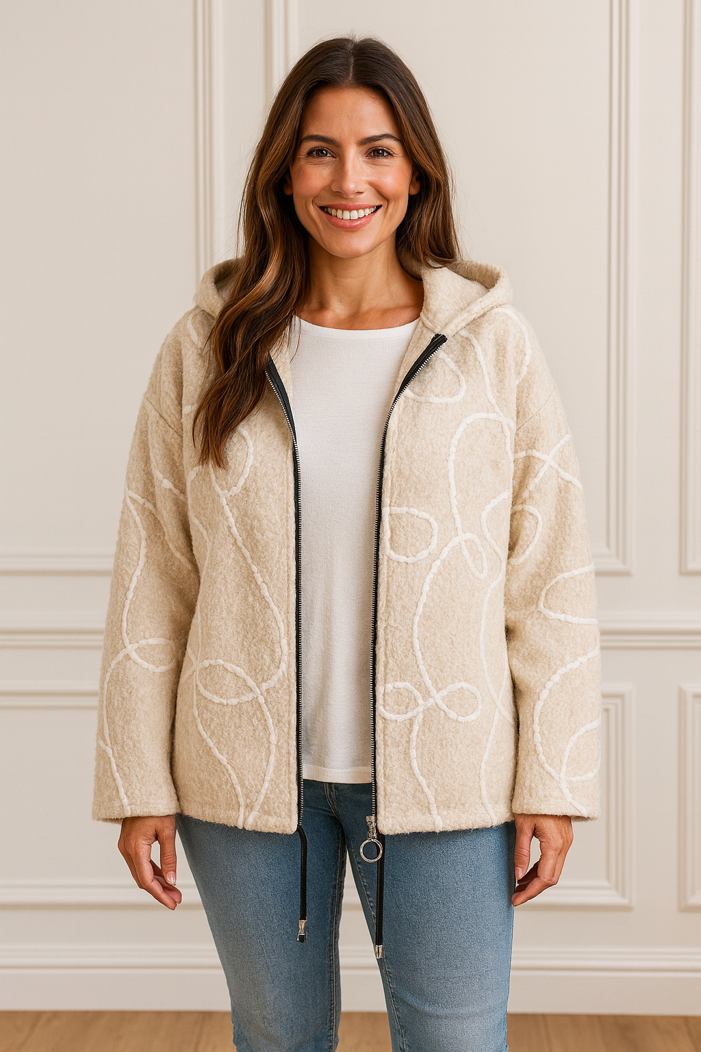 Wool Mix Embroidered Cara Double Pocket Zip Hooded Jacket - Beige