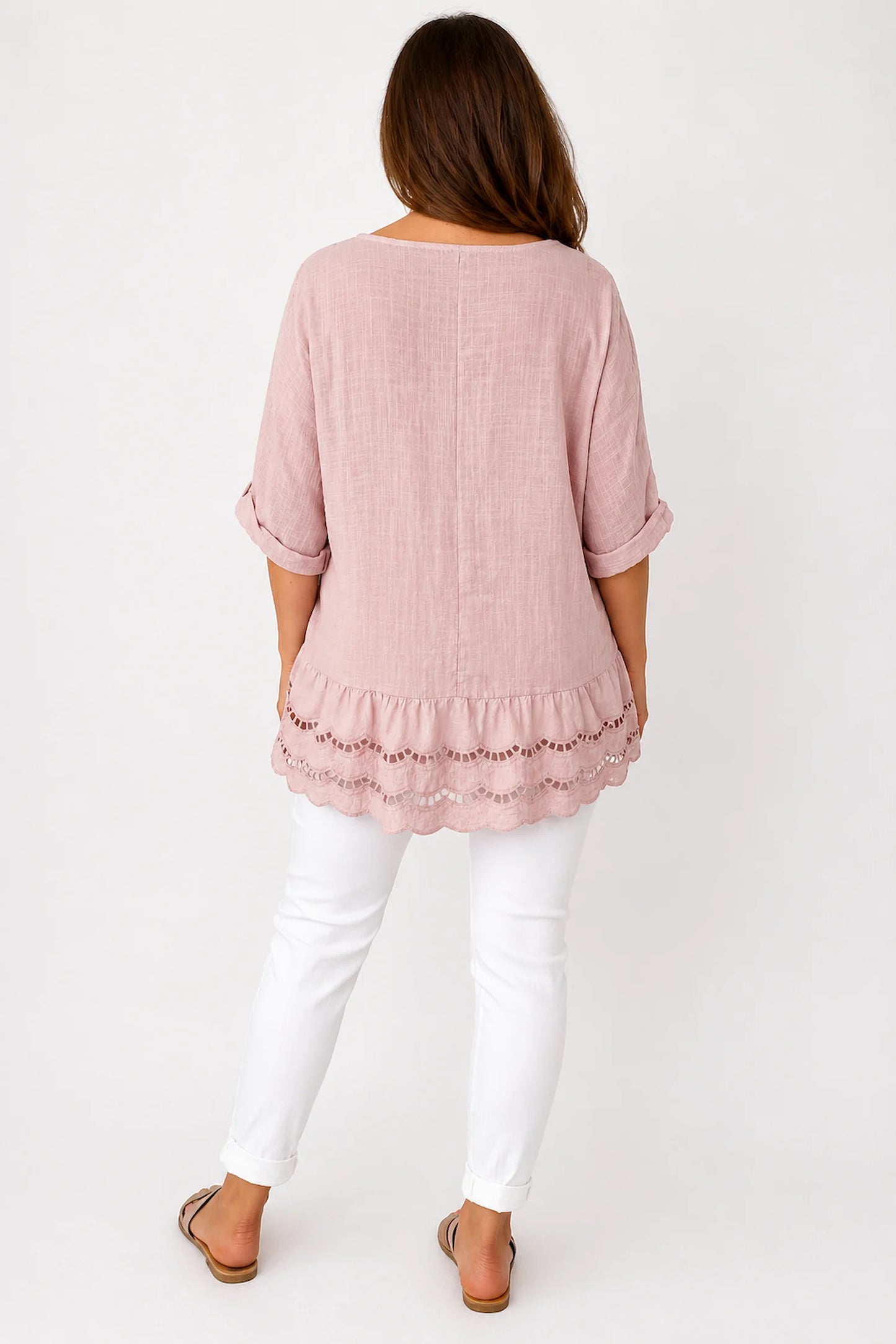 Pure Cotton Embroidery Anglaise Crochet Hem Caprina Top - Rosewood Pink