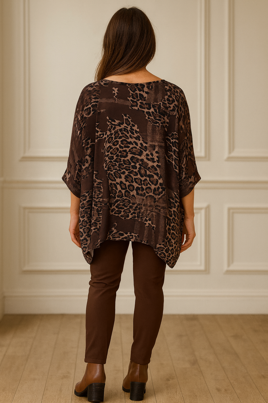 Fully Lined Batwing Faricia Leopard Chiffon - Chocolate