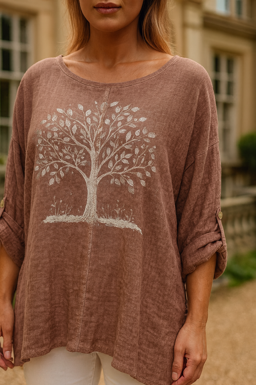 Linen Mix Diamanté Tree Rugged Side Detail Button Sleeve Valentina Top - Cinnamon