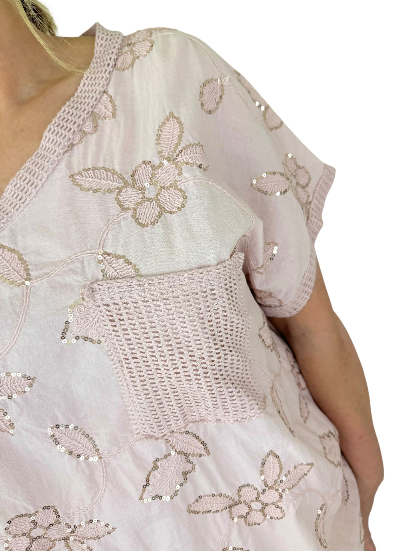 Pure Cotton Crochet Detail Gold Sequin Pocket Andriana Top - Baby Pink