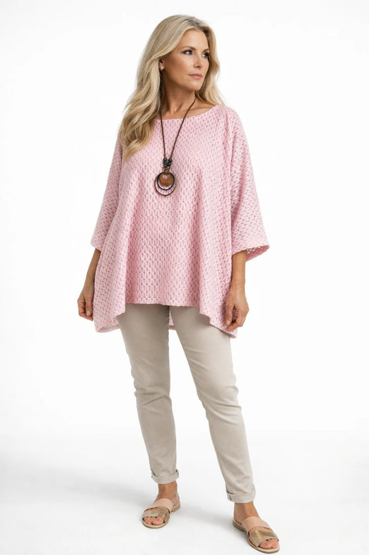Fully Lined Marcella Batwing Crochet Necklace Top - Baby Pink