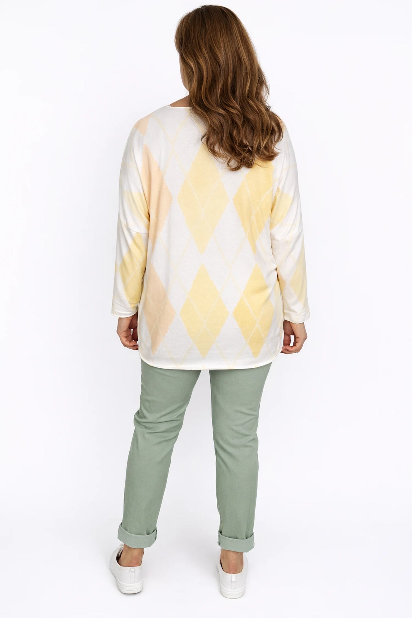 Wool Mix Spring Knit Argyle Florence Top - Light Peach/Yellow