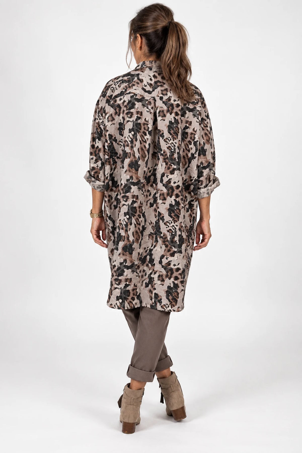 Button Sleeve Cassia Leopard Button Shirt - Mocha