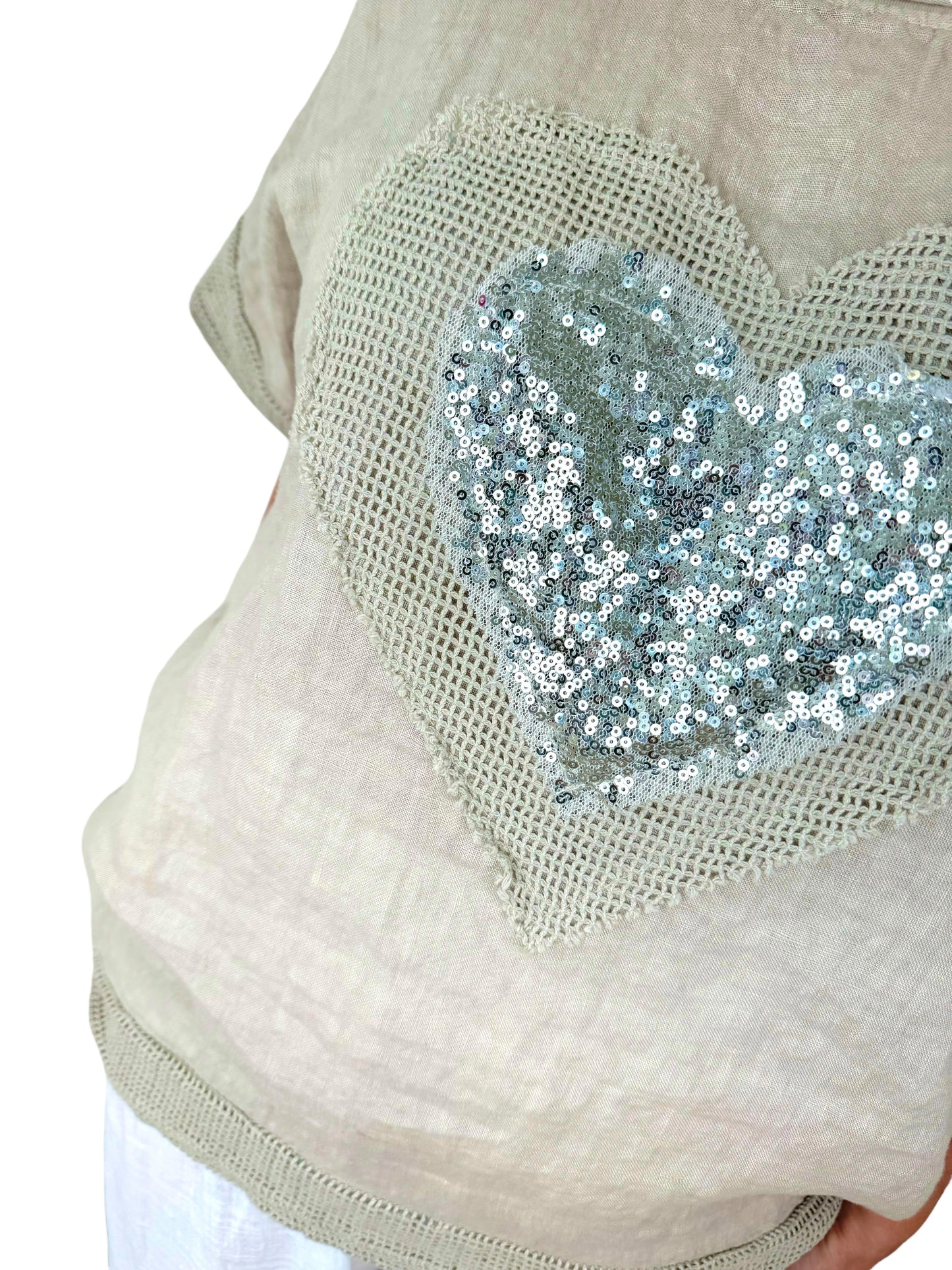 Linen Cotton Mix Sequin Heart Crochet Detail Daphne Top - Stone